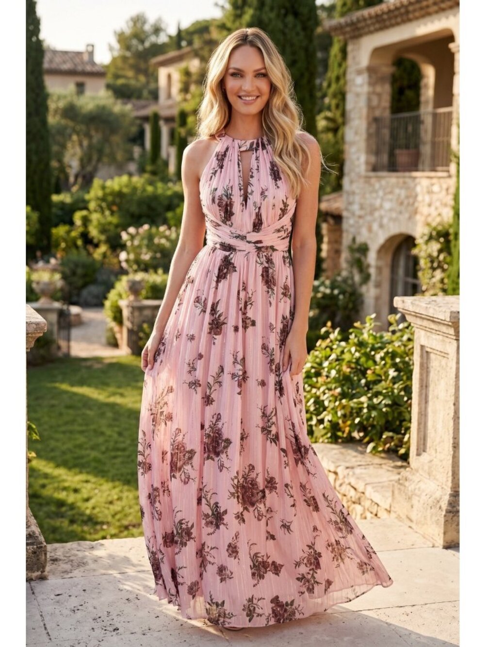 Marchesa Notte Bridesmaid Blush Pink Floral Halter Maxi Gown Chiffon Lurex Sz 6